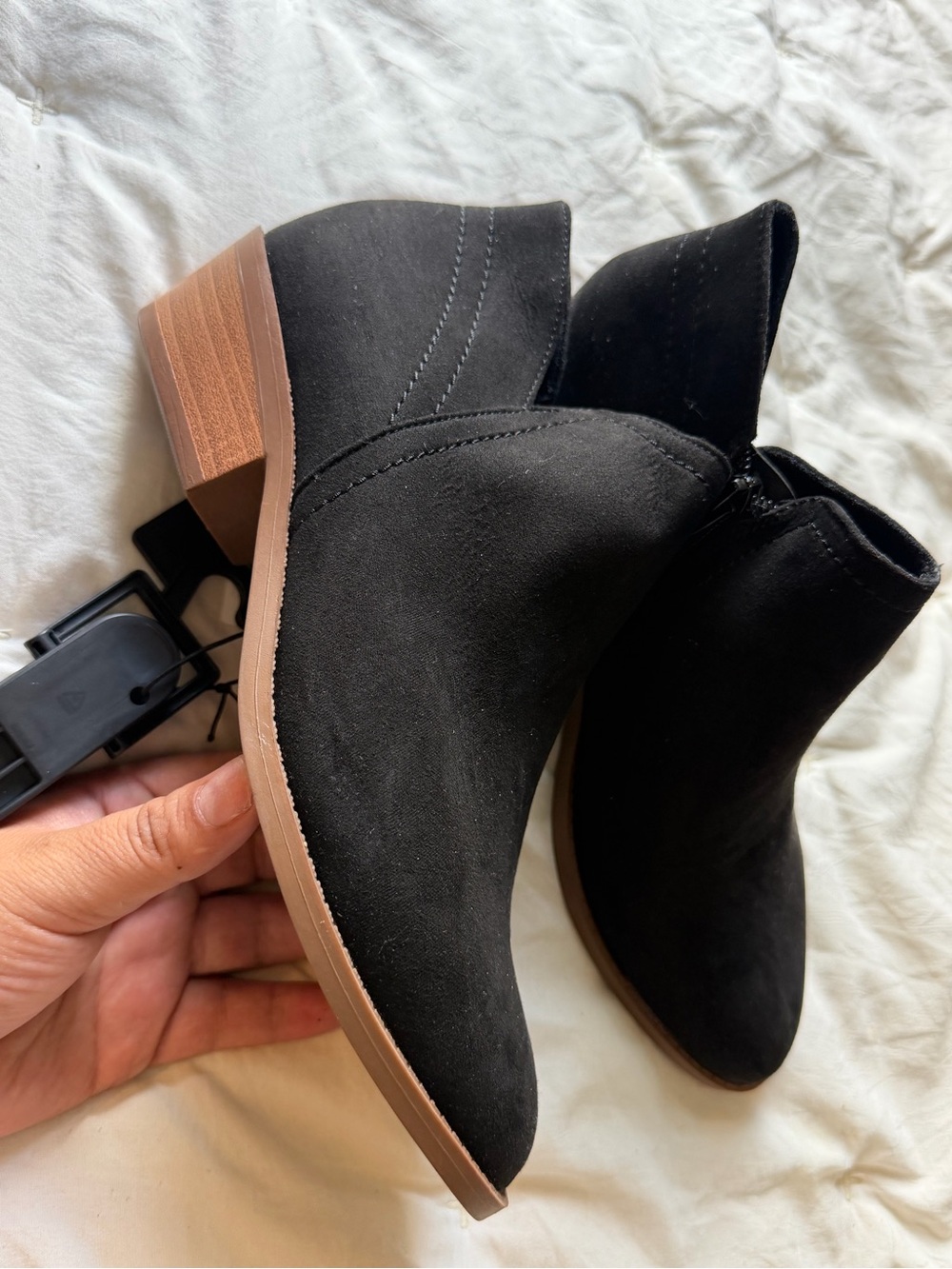 Time and Tru Black Suede Ankle Booties with Tan Block Heel